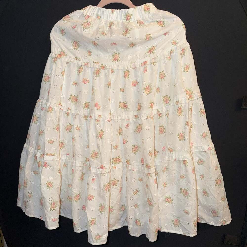 SHEIN White Pink Floral Print Eyelet Embroidered Tiered Ruffle Hem Long Skirt